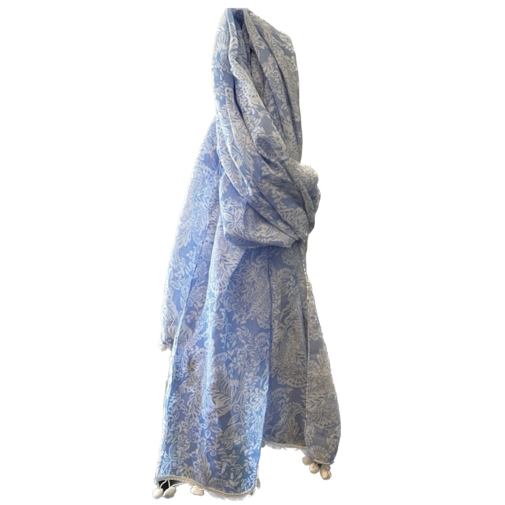 Light weight blue and white scarf. Polyester. With Pom poms at either end - Picture 2 of 9